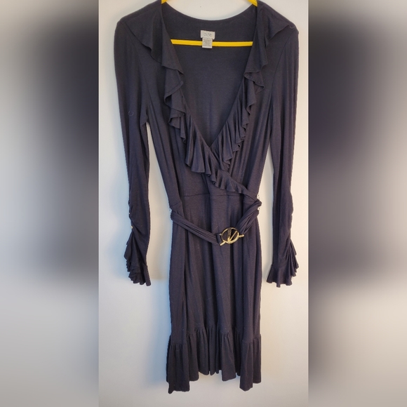 Cache Black Ruffle V-neck Dress with belt. Size 6 - Picture 1 of 6